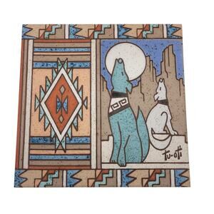Southwest Coyote Moon Trivet Tile Desert Howling Wolf Ceramic Wall Art Vintage
